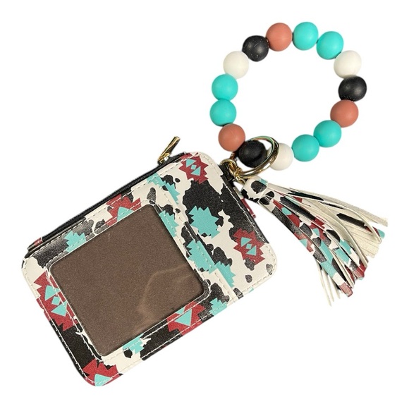 New Tribal Print Wallet Wristlet with Beaded Bracelet Keychain and Tassel - Picture 2 of 4